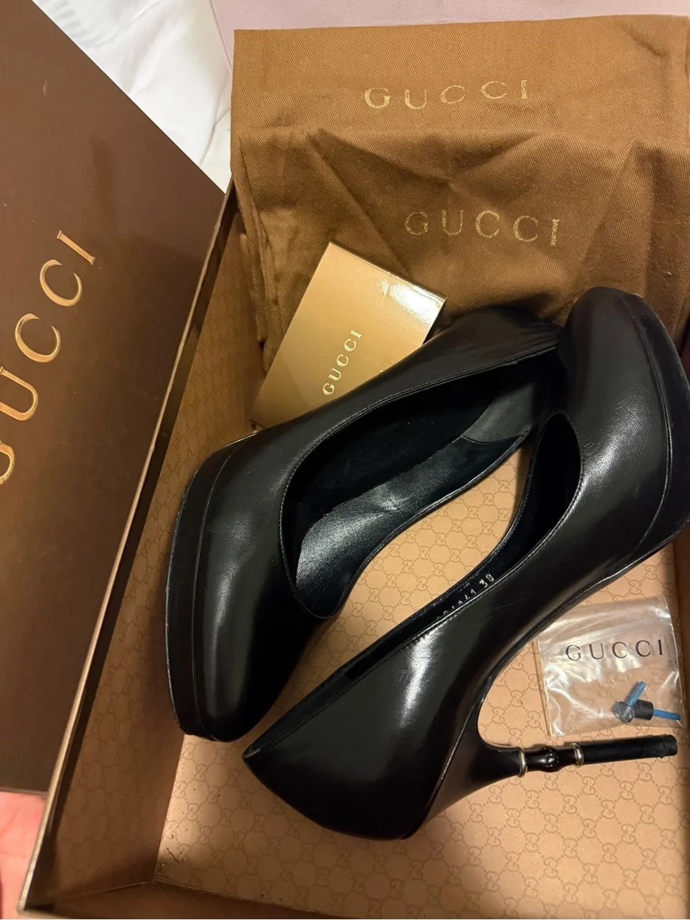 Black Leather Stiletto Pumps with Bamboo-Style Heel